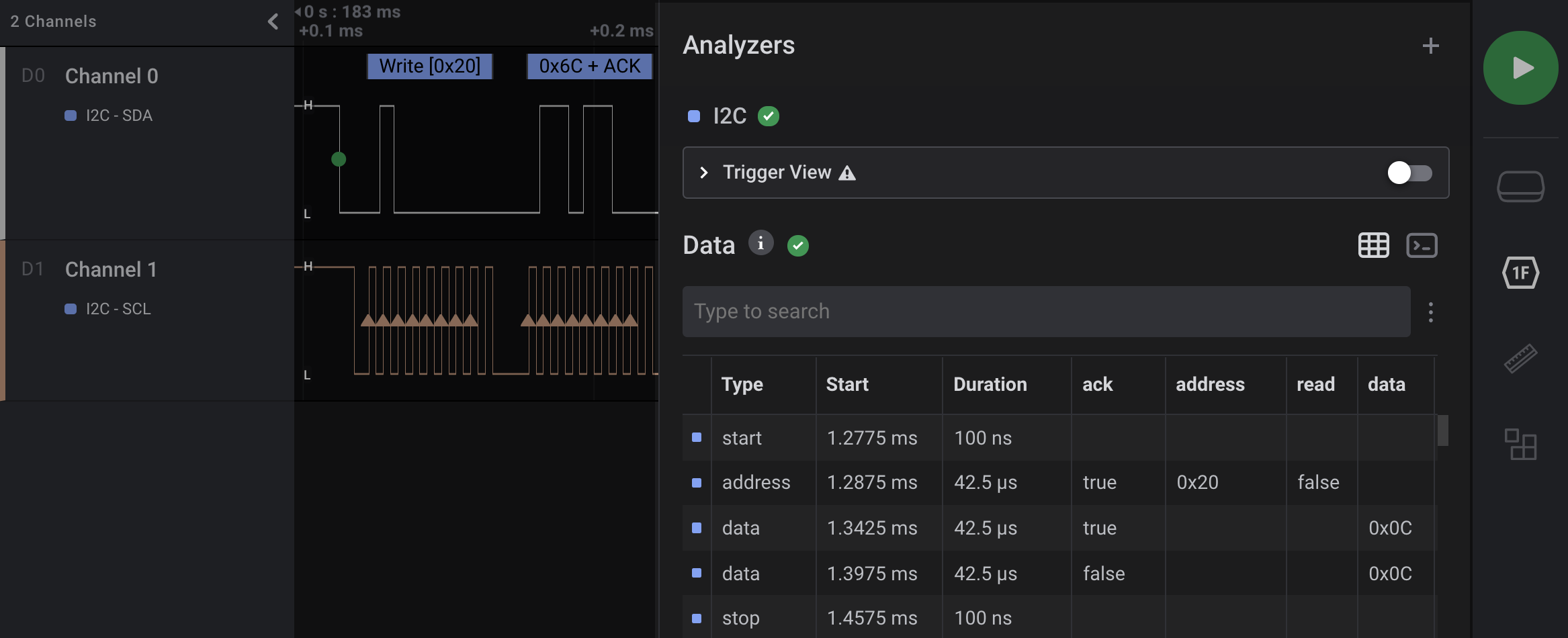 The Analyzer Data Table Displaying I2C data