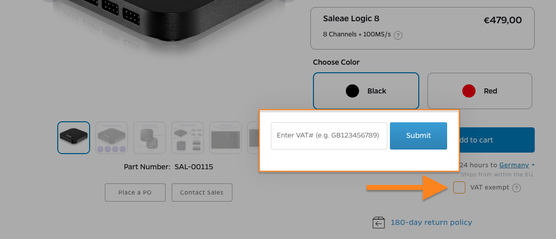 VAT exempt checkbox on the product page